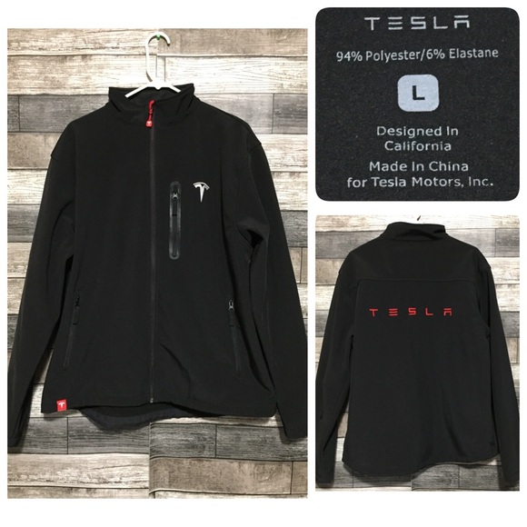 Tesla Softshell Jacket Men’s L Black Red Embroidered Full Zip Fleece Lined - Picture 1 of 10